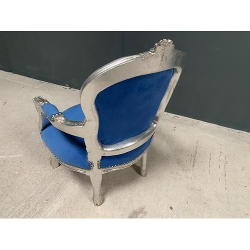 134 - BABY LOUIS CHAIR, HANDFINISHED ANTIQUE SILVER DISTRESSED FRAME AND NEW BLUE  UPHOLSTERY