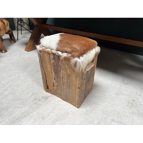 149 - RUSTIC TEAK STOOL WITH COW HIDE SEAT