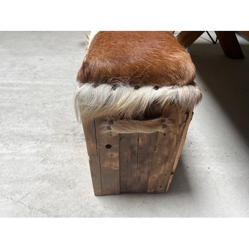 149 - RUSTIC TEAK STOOL WITH COW HIDE SEAT