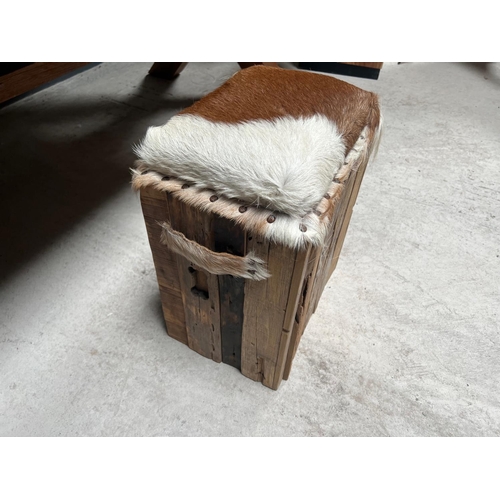 150 - RUSTIC TEAK STOOL WITH COW HIDE SEAT