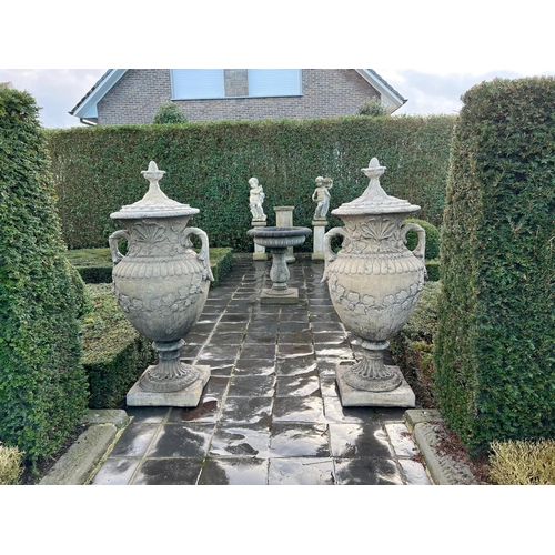 101 - MATCHING PAIR CLASSICAL STONE COMPOSITE 5FT TALL ORNATE URNS WITH HANDLES AND LID IN ANTIQUE FINISH