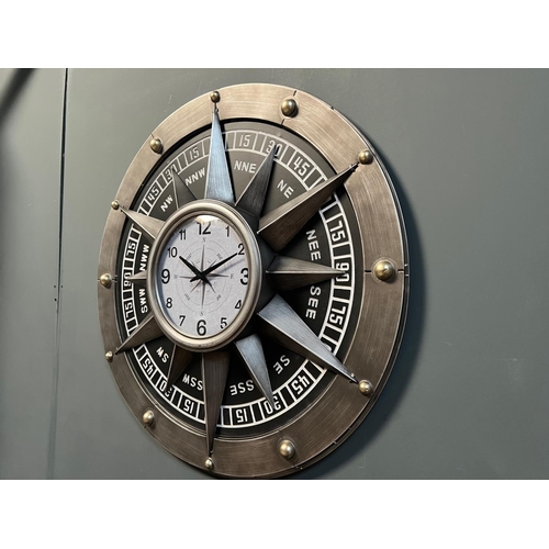 128 - NEW BOXED VINTAGE INDUSTRIAL STYLE COMPASS CLOCK