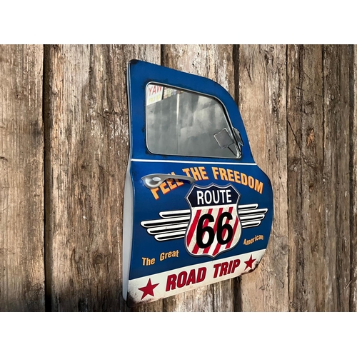 166 - NEW BOXED LARGE METAL ROUTE 66 CAR DOOR MIRROR (APPROX 50CM X 42CM)