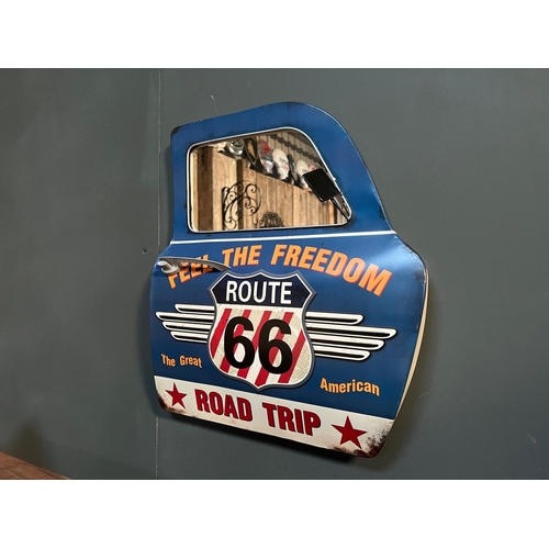 166 - NEW BOXED LARGE METAL ROUTE 66 CAR DOOR MIRROR (APPROX 50CM X 42CM)