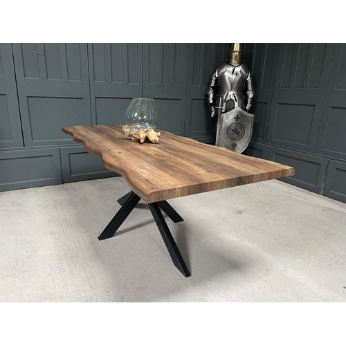 171 - NEW PACKAGED HUGE 2M LONG WANEY EDGE WOODEN DINING TABLE ON METAL CROSSED BASE