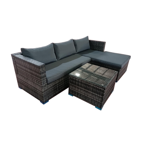 25 - BOX NEW RATTAN GREY 3P/C OPTIONAL CORNER SUITE, C/W SOFA, LOUNGER, COFFEE TABLE, GLASS