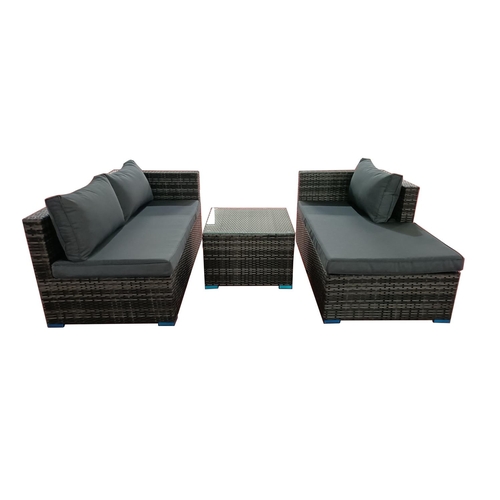 25 - BOX NEW RATTAN GREY 3P/C OPTIONAL CORNER SUITE, C/W SOFA, LOUNGER, COFFEE TABLE, GLASS