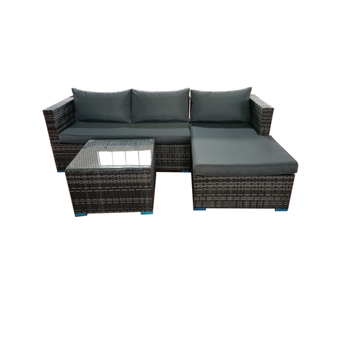 25 - BOX NEW RATTAN GREY 3P/C OPTIONAL CORNER SUITE, C/W SOFA, LOUNGER, COFFEE TABLE, GLASS