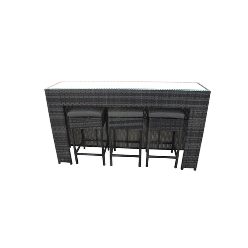 27 - BOX NEW RATTAN 4P/C GARDEN BAR AND STOOLS, C/W BAR COUNTER & GLASS TOP, 3 STOOLS.