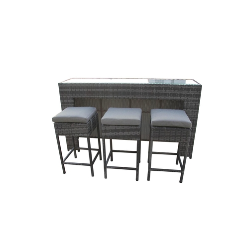 27 - BOX NEW RATTAN 4P/C GARDEN BAR AND STOOLS, C/W BAR COUNTER & GLASS TOP, 3 STOOLS.