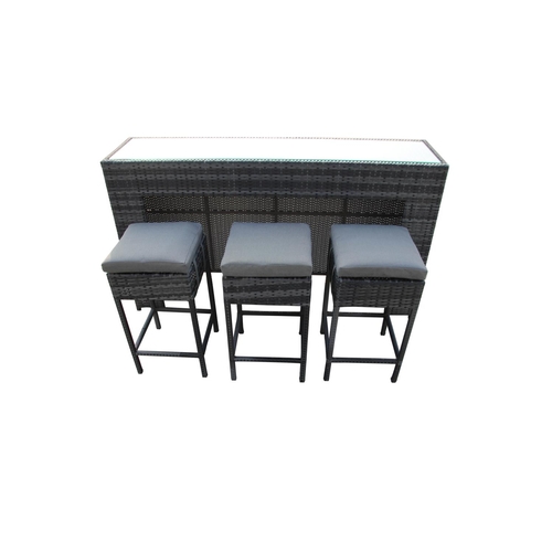 27 - BOX NEW RATTAN 4P/C GARDEN BAR AND STOOLS, C/W BAR COUNTER & GLASS TOP, 3 STOOLS.