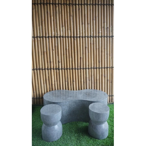 3 - CONTEMPORARY CRATED GREY TERRAZO TABLE & 2 STOOLS