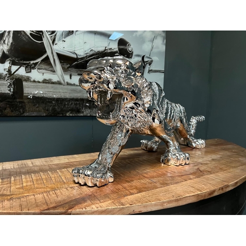 76 - NEW BOXED SILVER RESIN TIGER STATUE