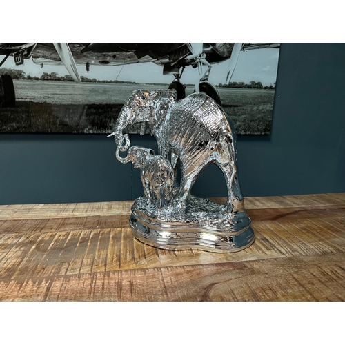 77 - NEW BOXED LARGE SILVER MOTHER AND BABY ELEPHANT STATUE