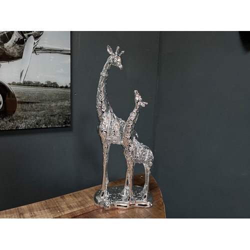 79 - NEW BOXED LARGE SILVER MOTHER AND BABY GIRAFFE STATUE