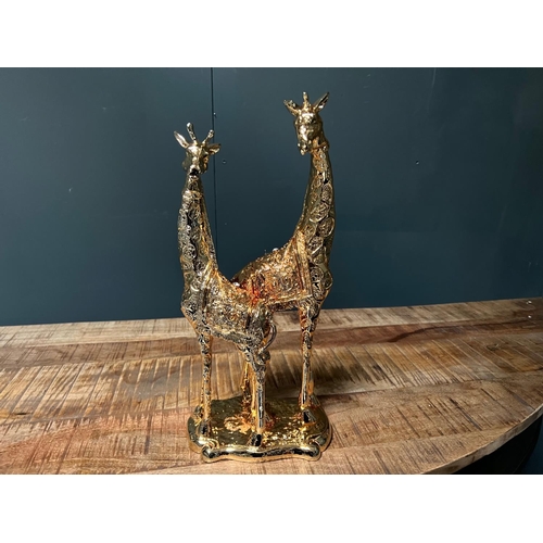 80 - NEW BOXED LARGE GOLD MOTHER AND BABY GIRAFFE STATUE