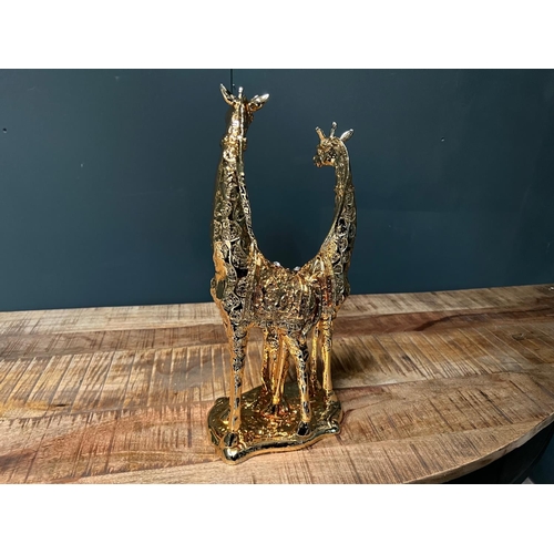 80 - NEW BOXED LARGE GOLD MOTHER AND BABY GIRAFFE STATUE