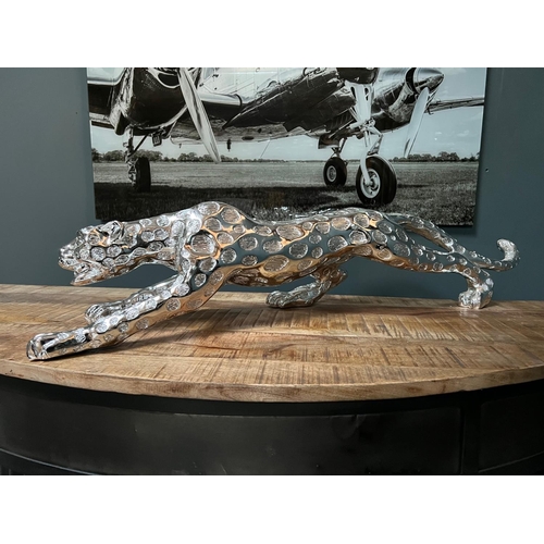 81 - NEW BOXED LARGE RESIN SILVER JAGUAR STATUE