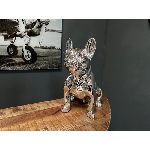 85 - NEW BOXED LARGE SILVER RESIN FRENCH BULLDOG STATUE