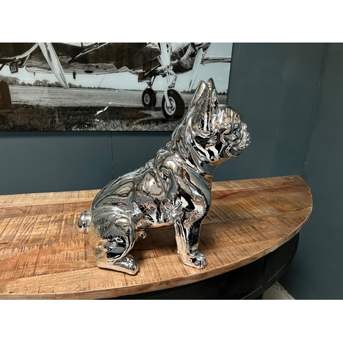 85 - NEW BOXED LARGE SILVER RESIN FRENCH BULLDOG STATUE