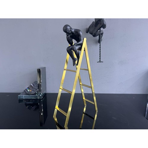 105 - UNIQUE MODERN ART CAST IRON MAGNETIC THINKING MAN ON LADDER