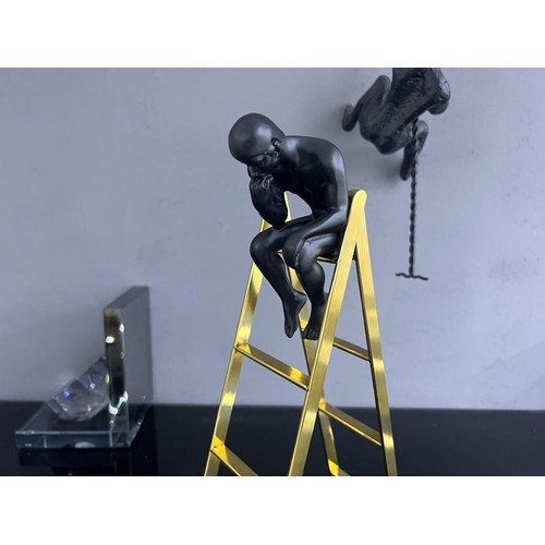 105 - UNIQUE MODERN ART CAST IRON MAGNETIC THINKING MAN ON LADDER