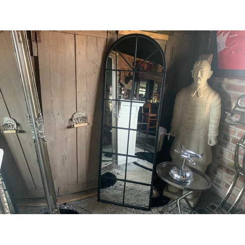 143 - METAL FRAMED BLACK ARCHED GEORGIAN MIRROR 165CM TALL