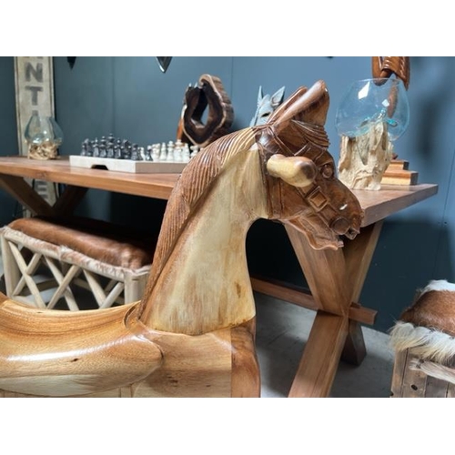 159 - LARGE SOLID POLISHED WOOD ROCKING HORSE ON STAND (APPROX 120CM LONG X 85CM TALL X 45CM DEEP)