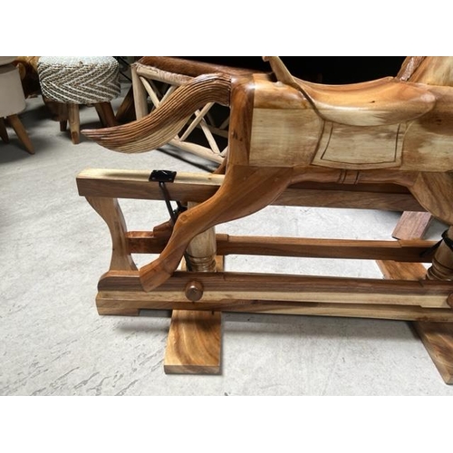 159 - LARGE SOLID POLISHED WOOD ROCKING HORSE ON STAND (APPROX 120CM LONG X 85CM TALL X 45CM DEEP)