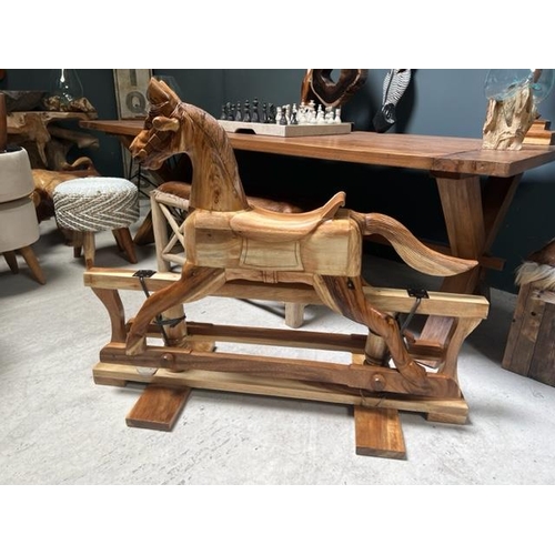 159 - LARGE SOLID POLISHED WOOD ROCKING HORSE ON STAND (APPROX 120CM LONG X 85CM TALL X 45CM DEEP)