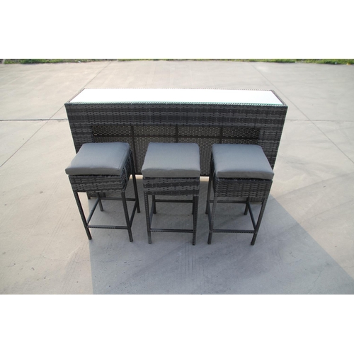 42 - BOX NEW RATTAN 4P/C GARDEN BAR AND STOOLS, C/W BAR COUNTER & GLASS TOP, 3 STOOLS.