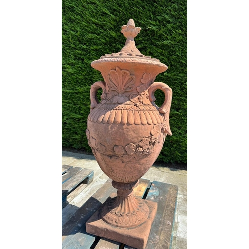 7 - MATCHING PAIR CLASSICAL STONE COMPOSITE 5FT TALL ORNATE URNS WITH HANDLES AND LID IN ANTIQUE TERRACO... 