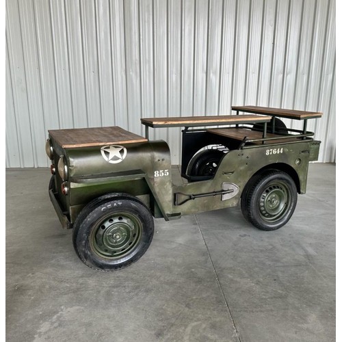 1 - HUGE ARMY JEEP BAR ON ORIGINAL WHEELS WITH SHELVING, WINE RACK, GLASS HOLDER