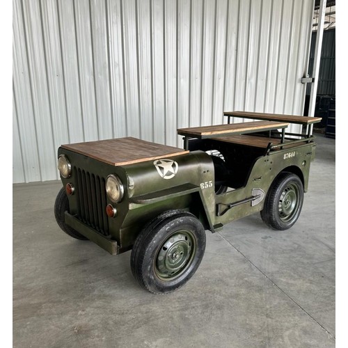 1 - HUGE ARMY JEEP BAR ON ORIGINAL WHEELS WITH SHELVING, WINE RACK, GLASS HOLDER