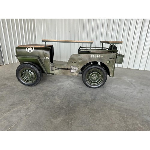 1 - HUGE ARMY JEEP BAR ON ORIGINAL WHEELS WITH SHELVING, WINE RACK, GLASS HOLDER