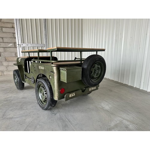 1 - HUGE ARMY JEEP BAR ON ORIGINAL WHEELS WITH SHELVING, WINE RACK, GLASS HOLDER