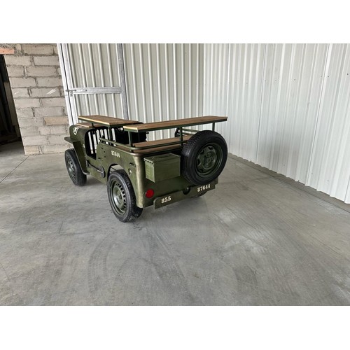 1 - HUGE ARMY JEEP BAR ON ORIGINAL WHEELS WITH SHELVING, WINE RACK, GLASS HOLDER