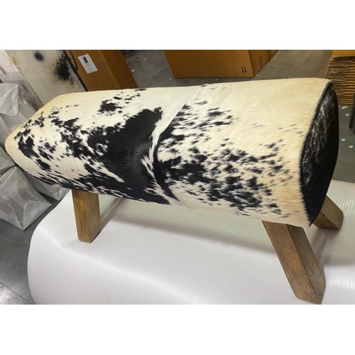 23 - BOXED NEW LARGE BLACK AND WHITE COW HIDE POMMEL HORSE (Due to the nature of the raw cow hide materia... 