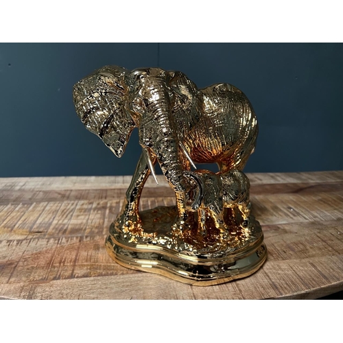 103 - NEW BOXED LARGE GOLD MOTHER AND BABY ELEPHANT STATUE