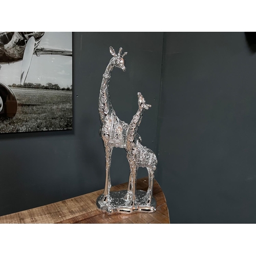 104 - NEW BOXED LARGE SILVER MOTHER AND BABY GIRAFFE STATUE