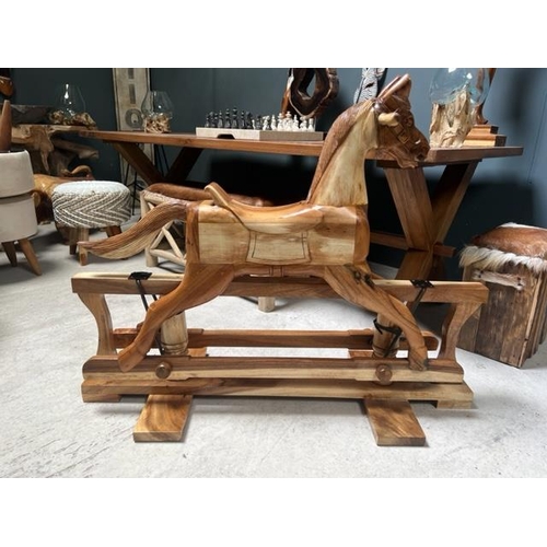 177 - LARGE SOLID POLISHED WOOD ROCKING HORSE ON STAND (APPROX 120CM LONG X 85CM TALL X 45CM DEEP)