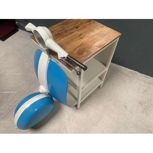 41 - BRAND NEW BOXED BLUE AND WHITE VINTAGE RETRO VESPA SIDE TABLES WITH HANDLE BARS + WHEEL