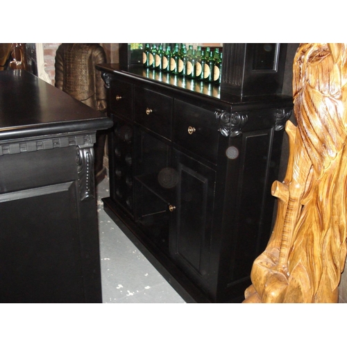 45 - NEW PACKAGED 1.5M SOLID MAHOGANY FRONT BAR AND BACK BAR FULLY SHELVED/MIRRORED IN BLACK