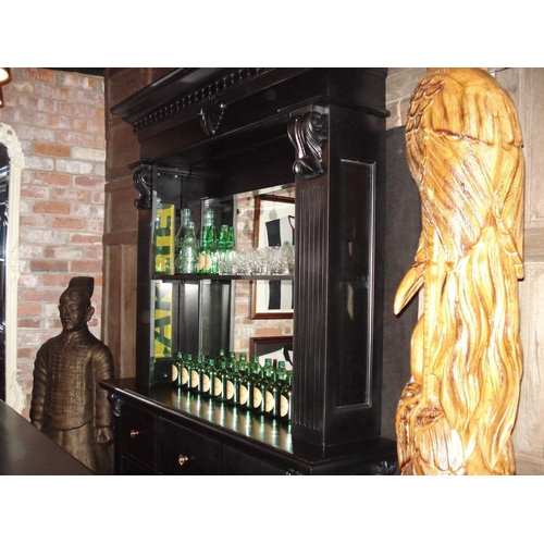 45 - NEW PACKAGED 1.5M SOLID MAHOGANY FRONT BAR AND BACK BAR FULLY SHELVED/MIRRORED IN BLACK