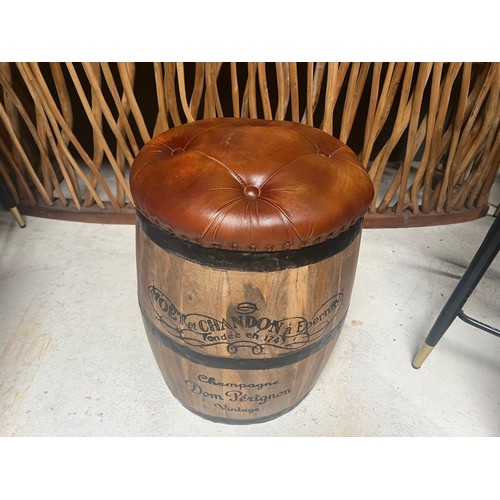 11 - INDUSTRIAL MOET & CHANDON WINE BARREL STOOL WITH LEATHER SEAT