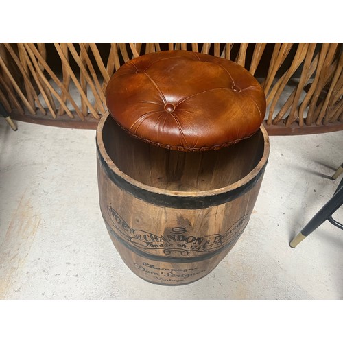 12 - INDUSTRIAL MOET & CHANDON WINE BARREL STOOL WITH LEATHER SEAT