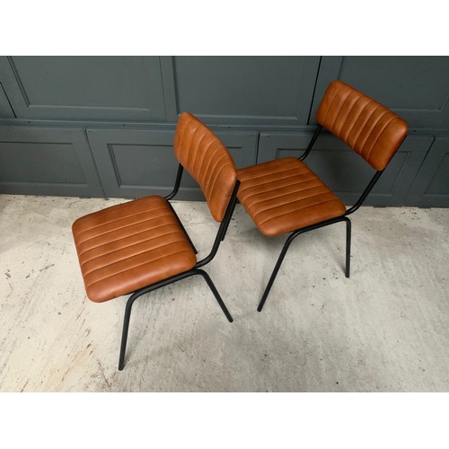 57 - PAIR OF NEW BOXED INDUSTRIAL VINTAGE STYLE DINING CHAIRS WITH RIBBED LEATHER IN TAN