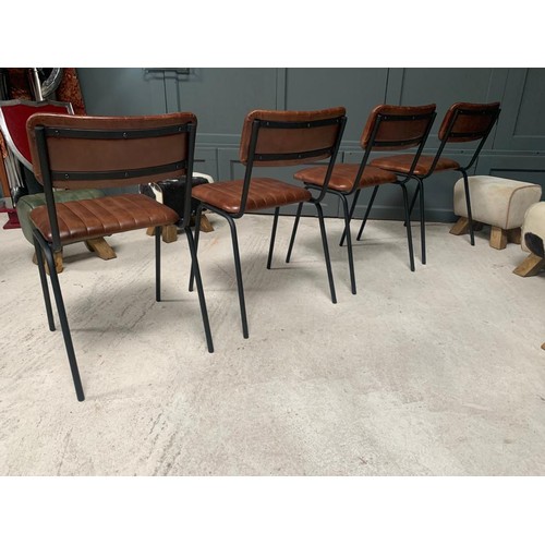 61 - PAIR OF NEW BOXED INDUSTRIAL VINTAGE STYLE DINING CHAIRS WITH RIBBED LEATHER IN DARK BROWN