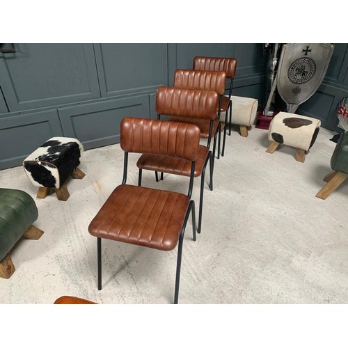 62 - PAIR OF NEW BOXED INDUSTRIAL VINTAGE STYLE DINING CHAIRS WITH RIBBED LEATHER IN DARK BROWN