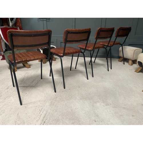 62 - PAIR OF NEW BOXED INDUSTRIAL VINTAGE STYLE DINING CHAIRS WITH RIBBED LEATHER IN DARK BROWN